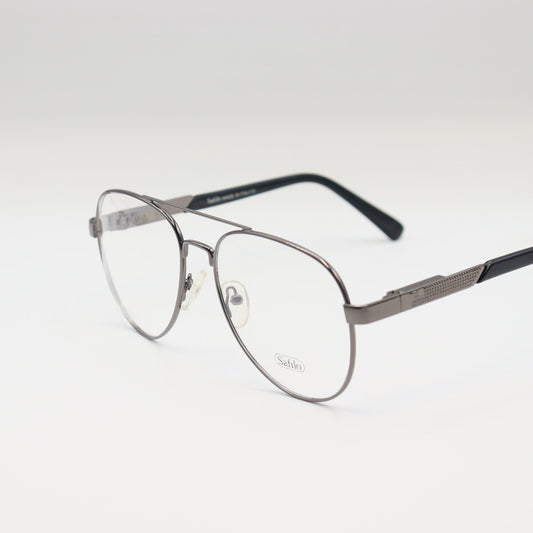 Chashmay Khas® Safilo Gunmetal aviator eyeglasses with double bridge metal frame and classic style, shown on a model.