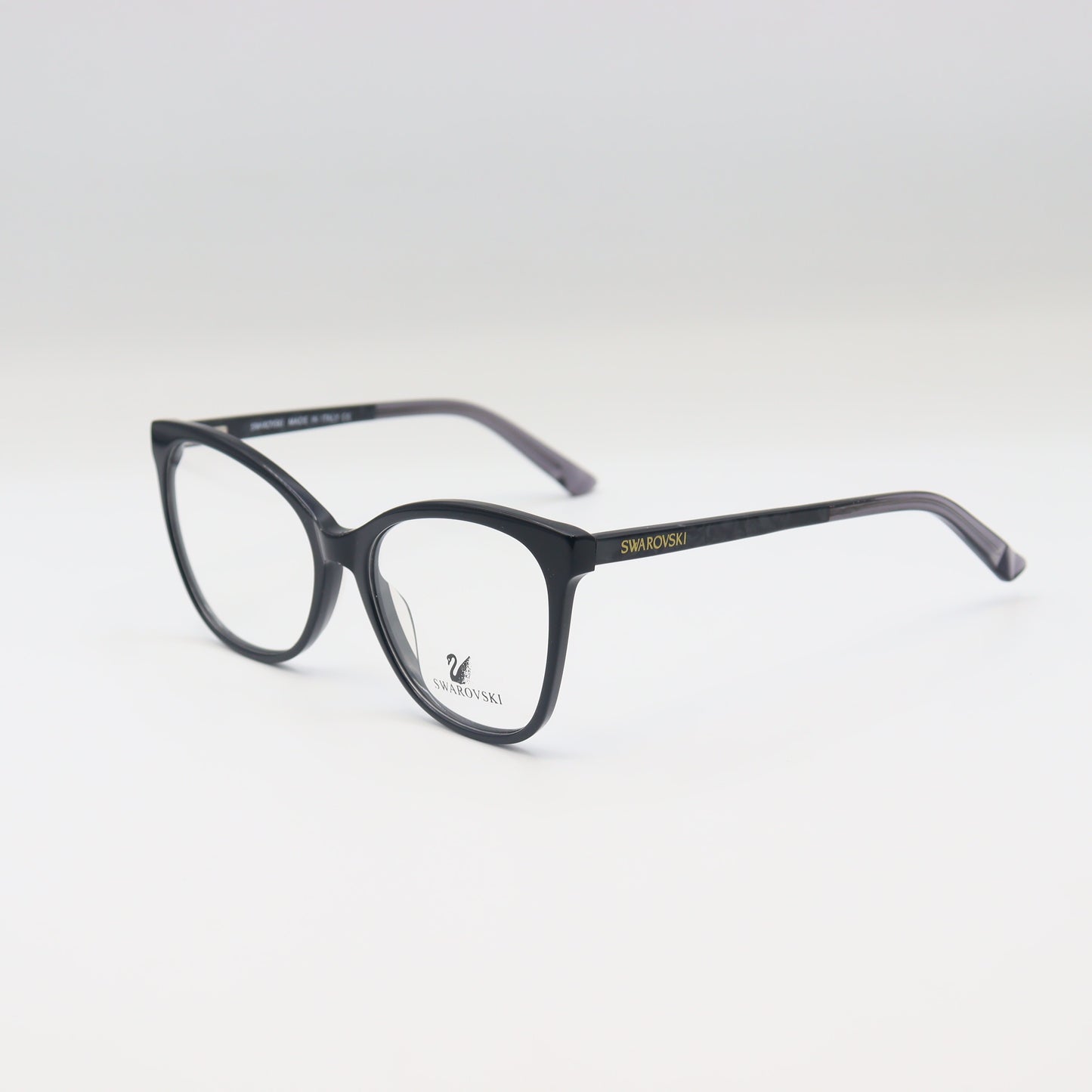 Swarovski black cat-eye eyeglasses by CHASHMAY KHASยฎ with elegant crystal accents and luxe design.