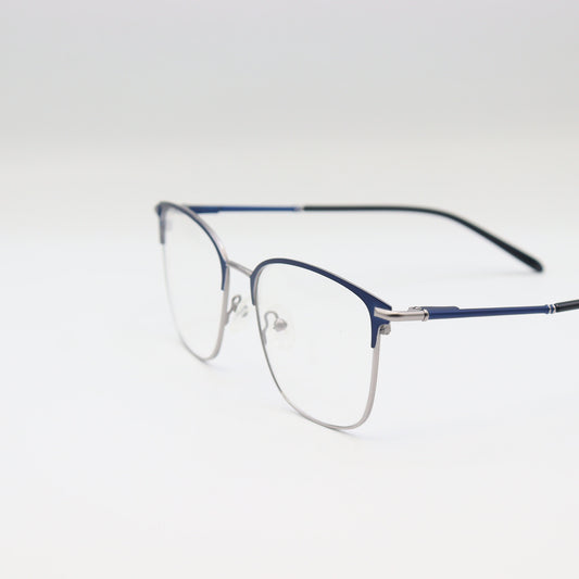 Navy blue and silver rectangular CHASHMAY KHAS® eyeglasses with two-tone design, showcasing sleek frames and stylish detail.