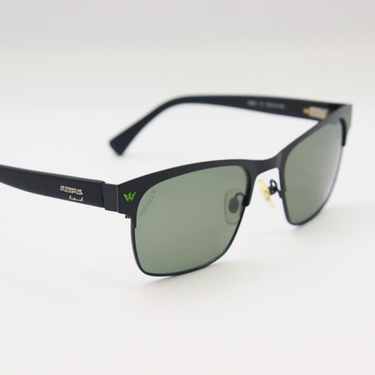 Black rectangular CHASHMAY KHAS® sunglasses with green logo detail, featuring a classic retro style.
