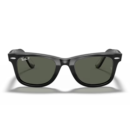 RayBan RB2140 Wayfarer Classic polarized green sunglasses with black frames, showcasing their stylish design and tinted lenses.