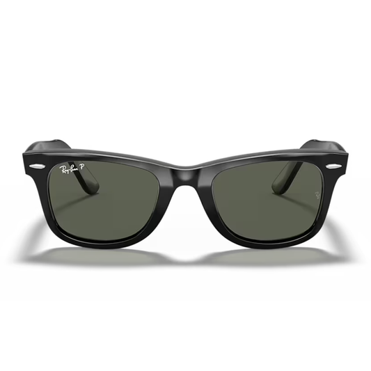 RayBan RB2140 Wayfarer Classic polarized green sunglasses with black frames, showcasing their stylish design and tinted lenses.