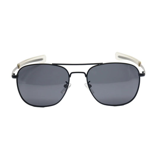 Sunglasses with black frames and dark lenses on a white background
