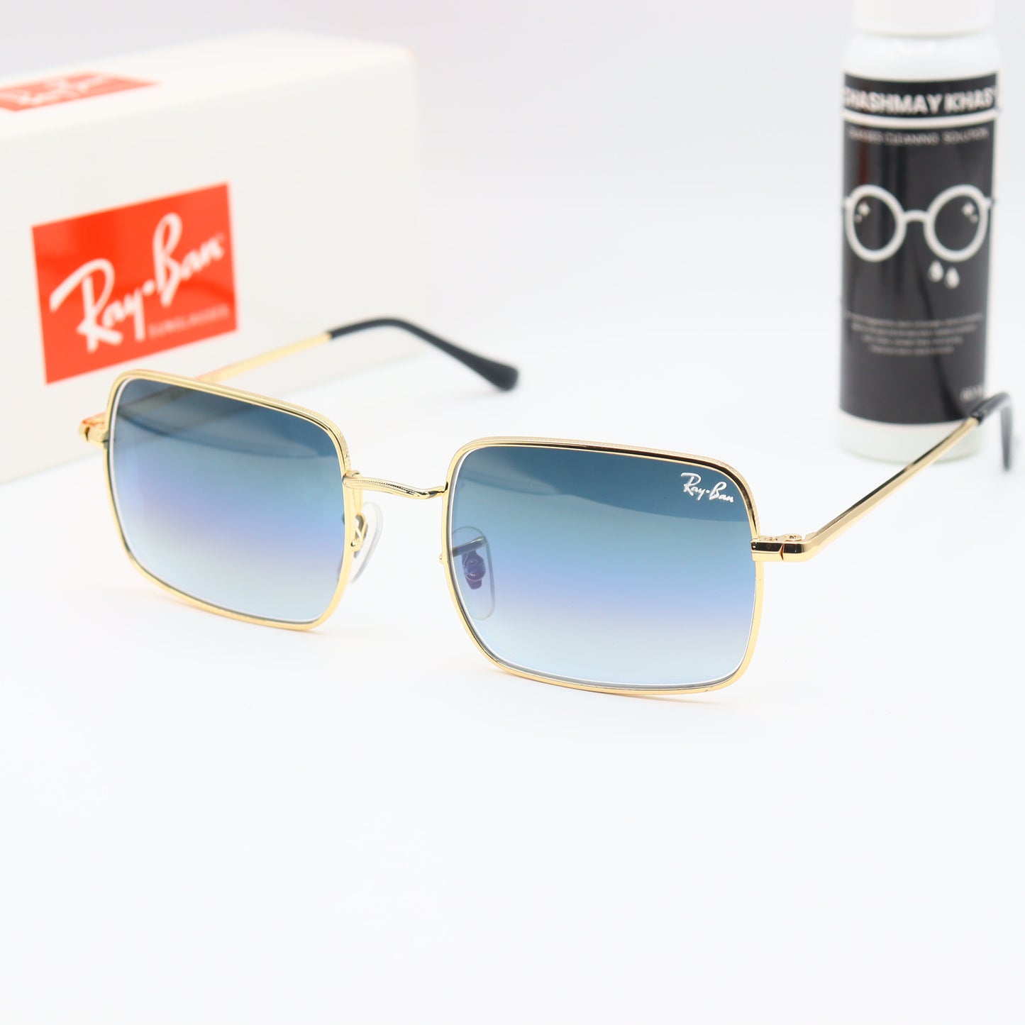 Chashmay Khas RayBan RB1971 premium gold rectangular sunglasses with dark tinted lenses and sleek frame design.