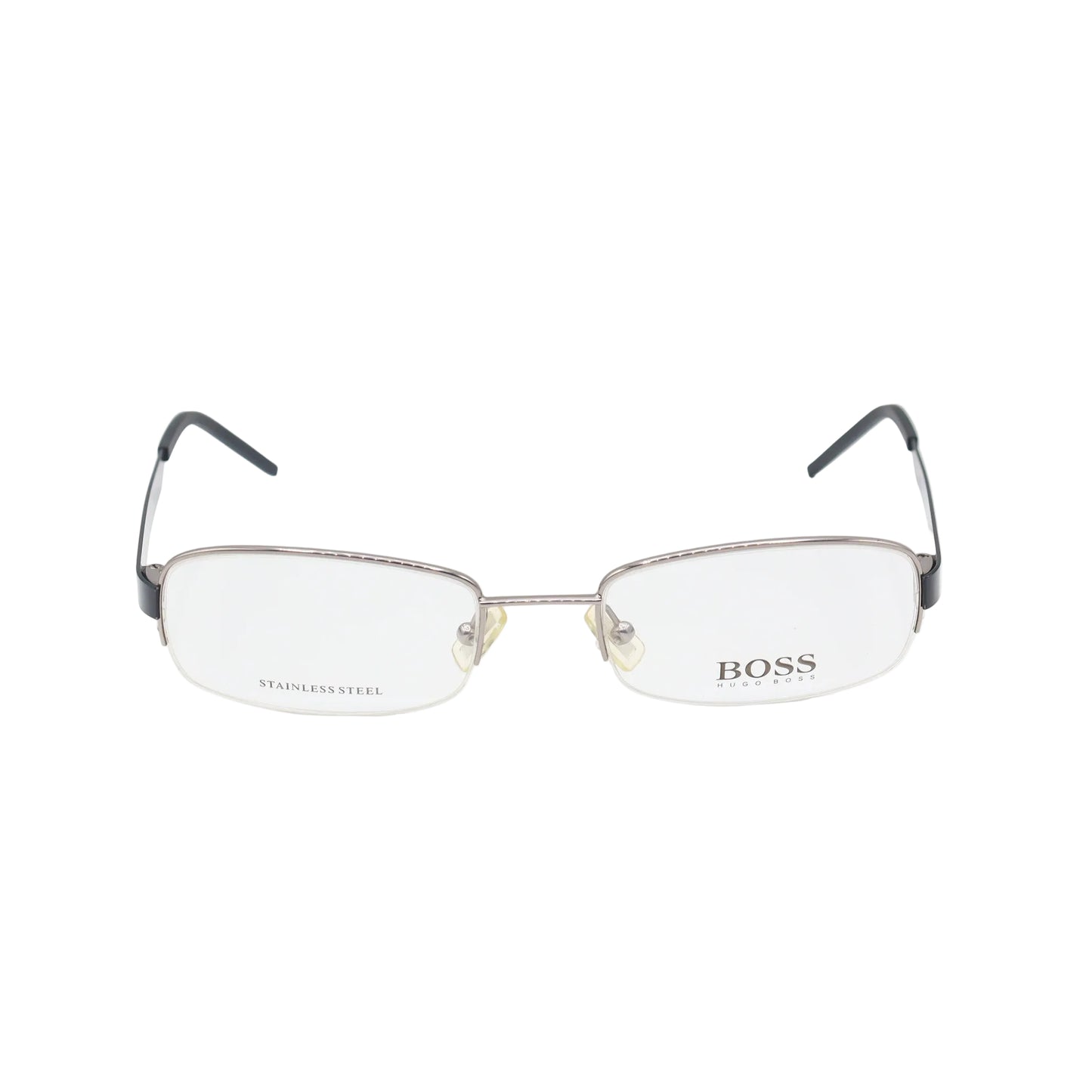 Silver and black rectangular Hugo Boss eyeglasses with stainless steel frames, designed by CHASHMAY KHAS®