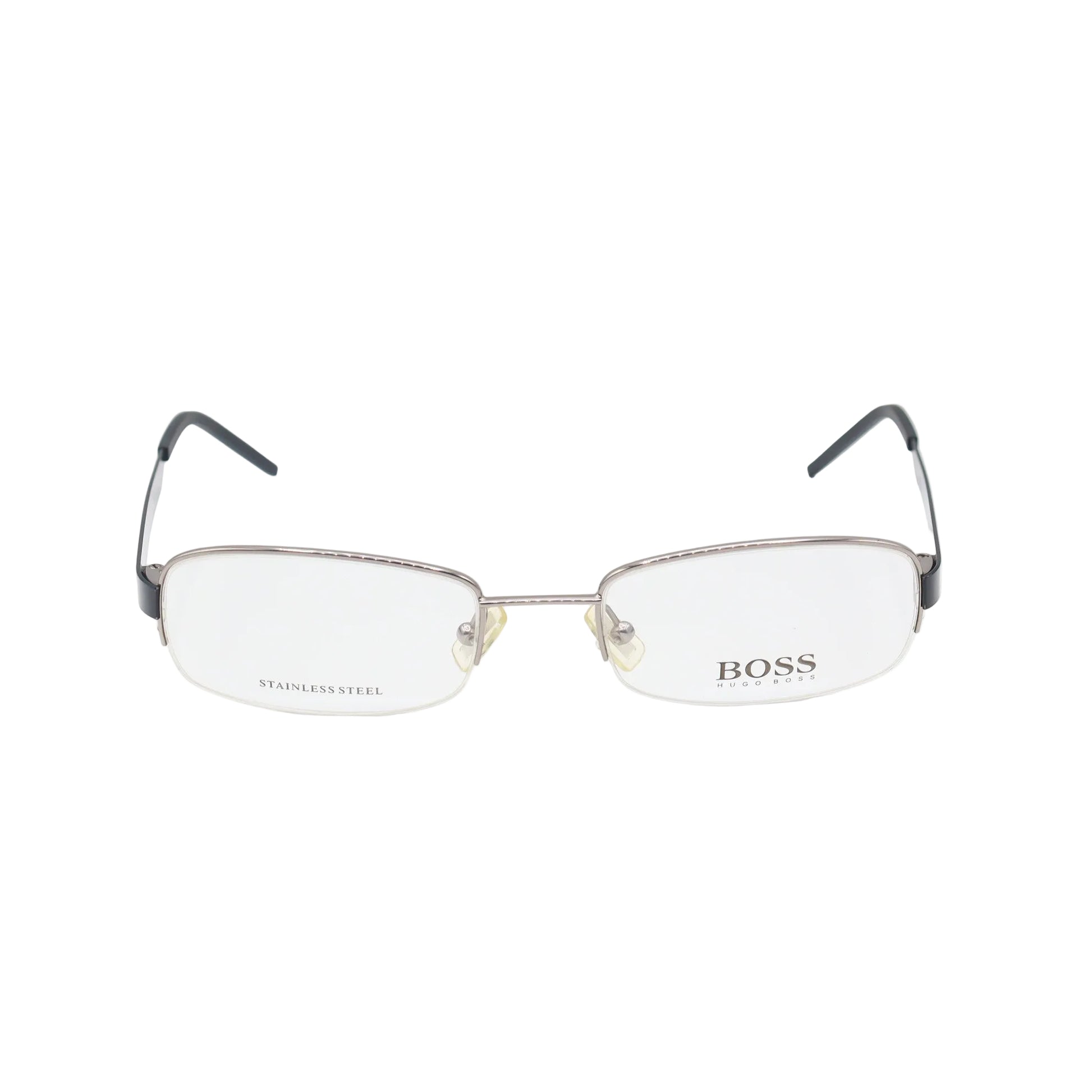 Silver and black rectangular Hugo Boss eyeglasses with stainless steel frames, designed by CHASHMAY KHAS®