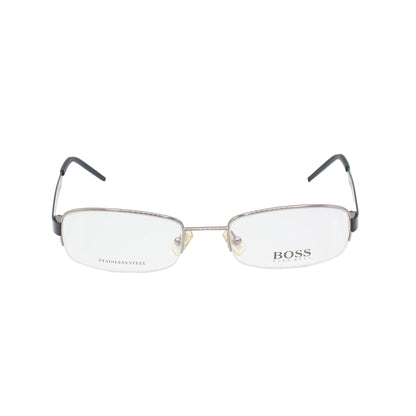 Silver and black rectangular Hugo Boss eyeglasses with stainless steel frames, designed by CHASHMAY KHAS®