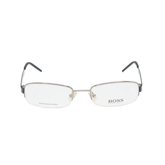 Silver and black rectangular Hugo Boss eyeglasses with stainless steel frames, designed by CHASHMAY KHAS®