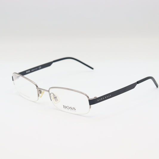 Hugo Boss stainless steel rectangular eyeglasses with silver and black frames, designer spectacles by CHASHMAY KHAS®.