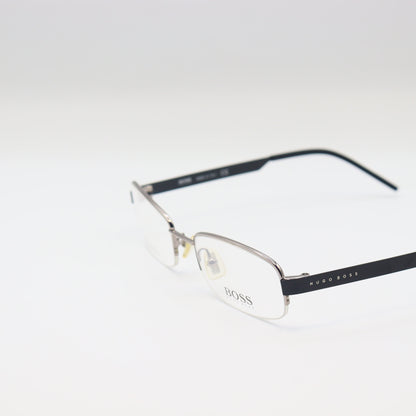 Chashmay Khas® rectangular Hugo Boss stainless steel eyeglasses with silver and black frames placed on a white background.