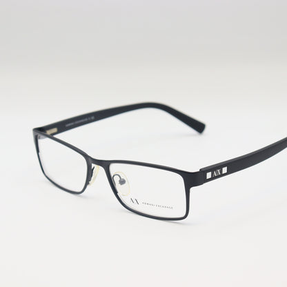 Black Armani Exchange rectangular eyeglasses with matte frame, stylish CHASHMAY KHAS® spectacles, close-up view of the frames.
