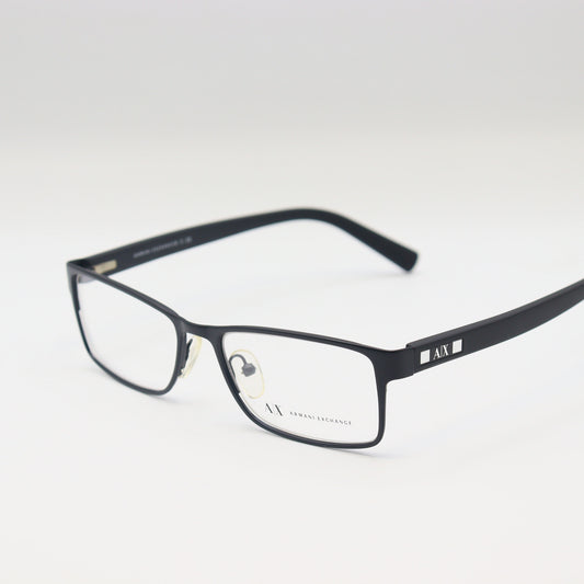 Black Armani Exchange rectangular eyeglasses with matte frame, stylish CHASHMAY KHAS® spectacles, close-up view of the frames.