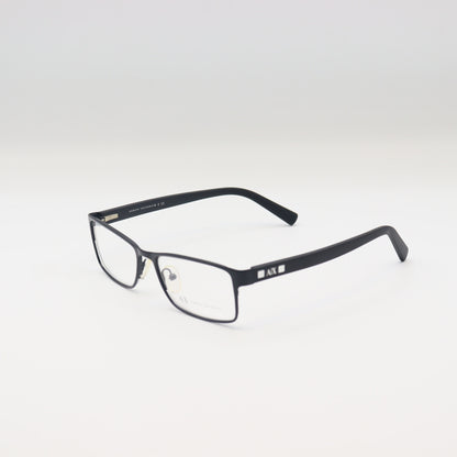 Black Armani Exchange rectangular eyeglasses with AX matte frame, stylish spectacles designed for a modern look.