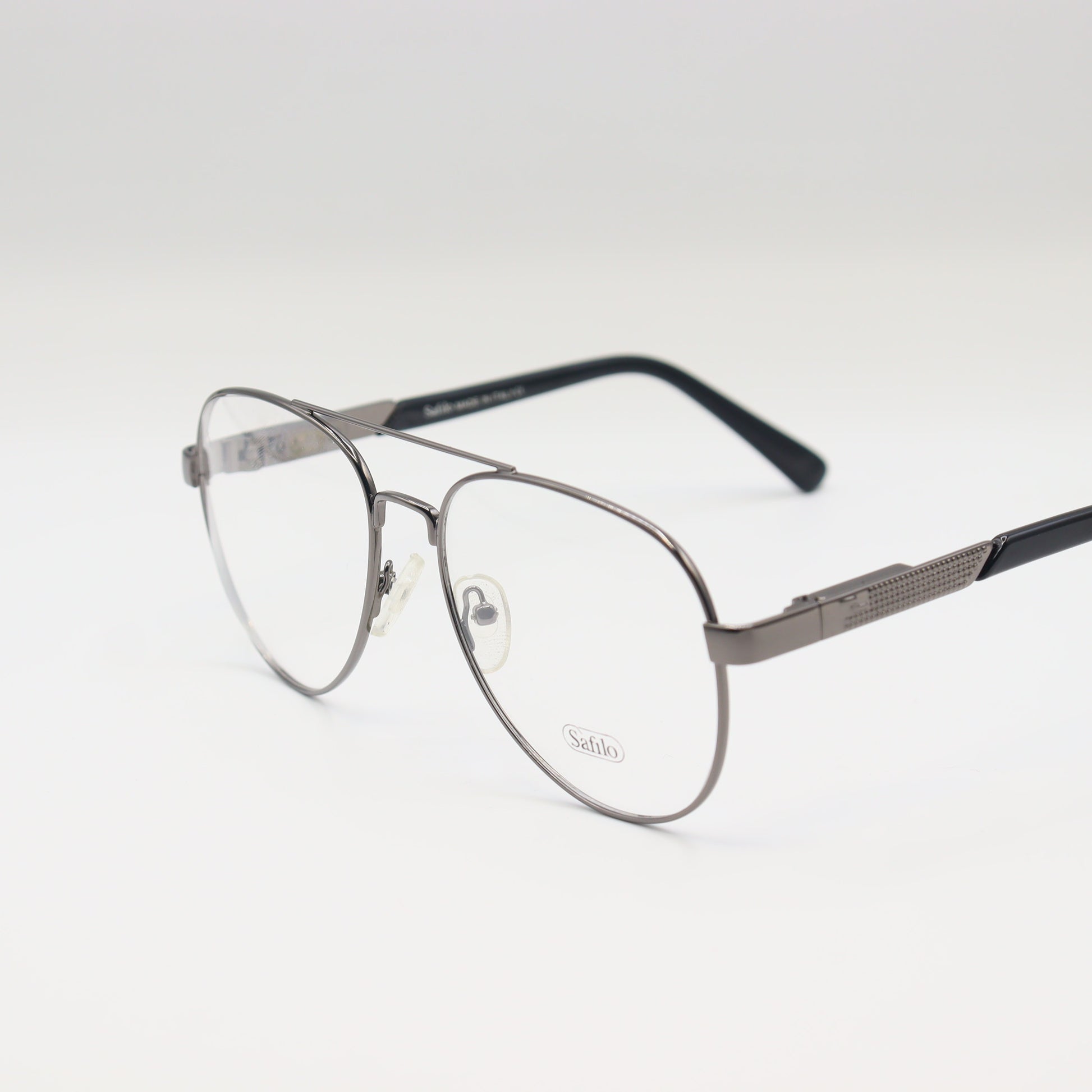 Chashmay Khas® Safilo Gunmetal aviator eyeglasses with double bridge metal frame and classic style, shown on a model.