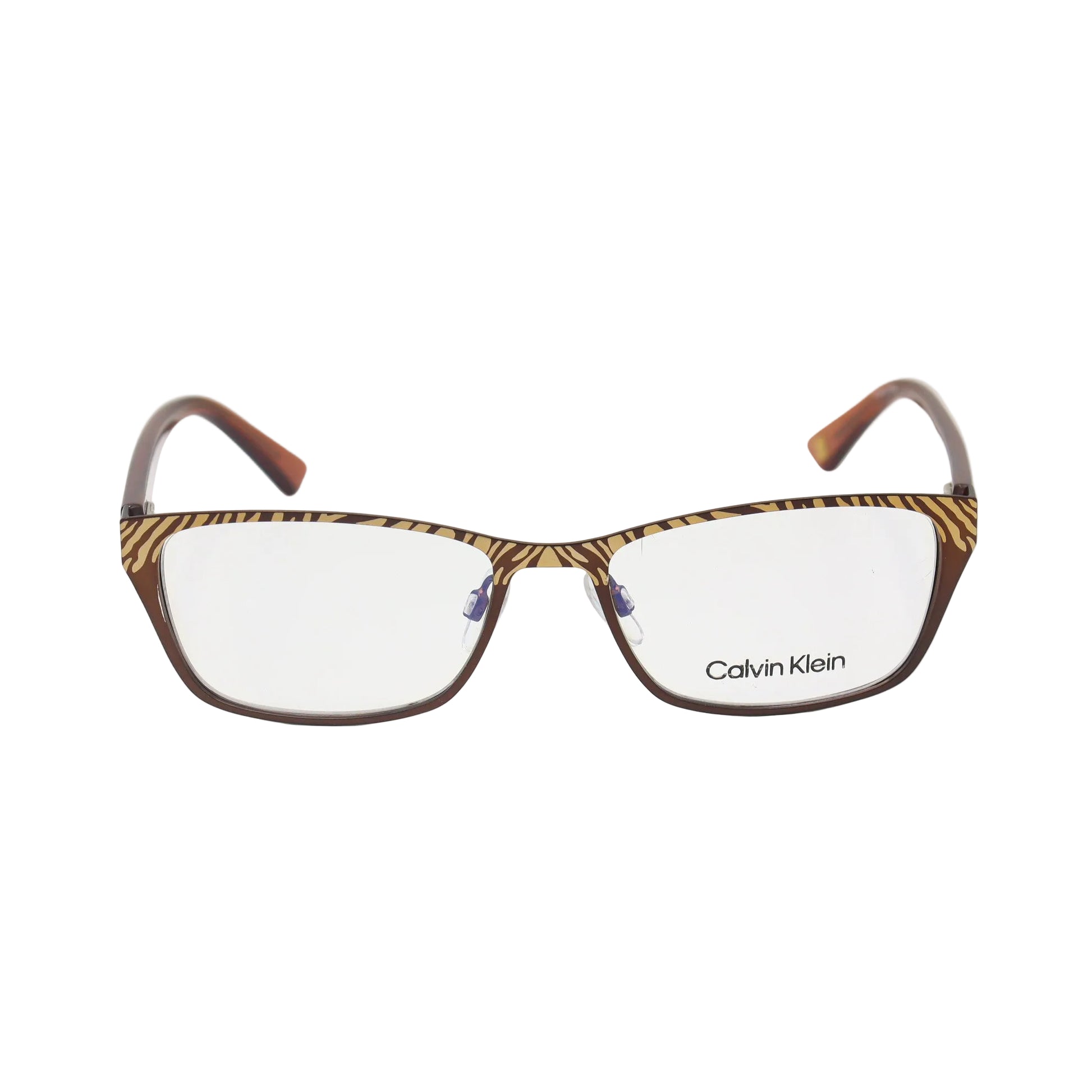 Calvin Klein zebra print rectangular eyeglasses with brown animal pattern frames by CHASHMAY KHAS®.