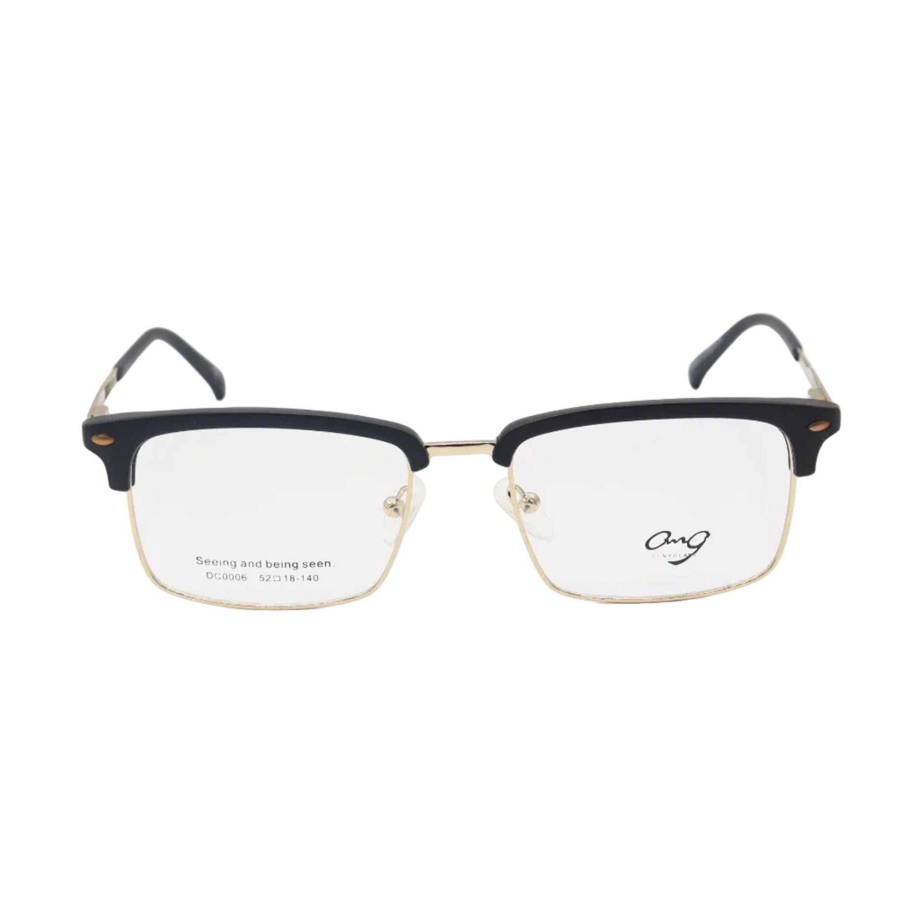 Black and gold rectangular spectacles by CHASHMAY KHAS® with clear lenses, stylish design for seeing and being seen.