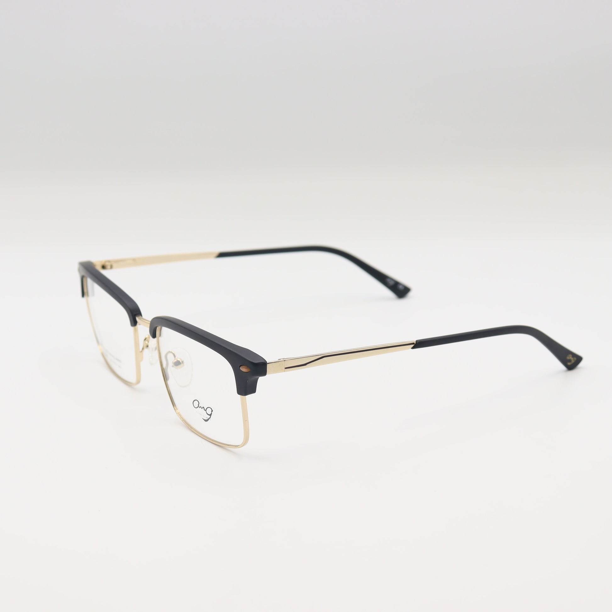 Black and gold rectangular spectacles by CHASHMAY KHAS® with clear lenses, stylish and elegant eyewear for seeing and being seen.