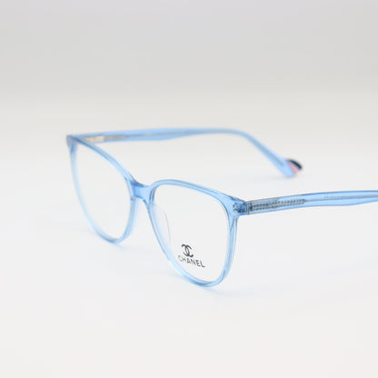 Chanel Light Blue Cat-Eye eyeglasses with transparent acetate frames from CHASHMAY KHAS® on a white background.