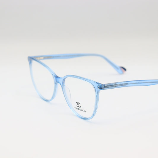 Chanel Light Blue Cat-Eye eyeglasses with transparent acetate frames from CHASHMAY KHAS® on a white background.