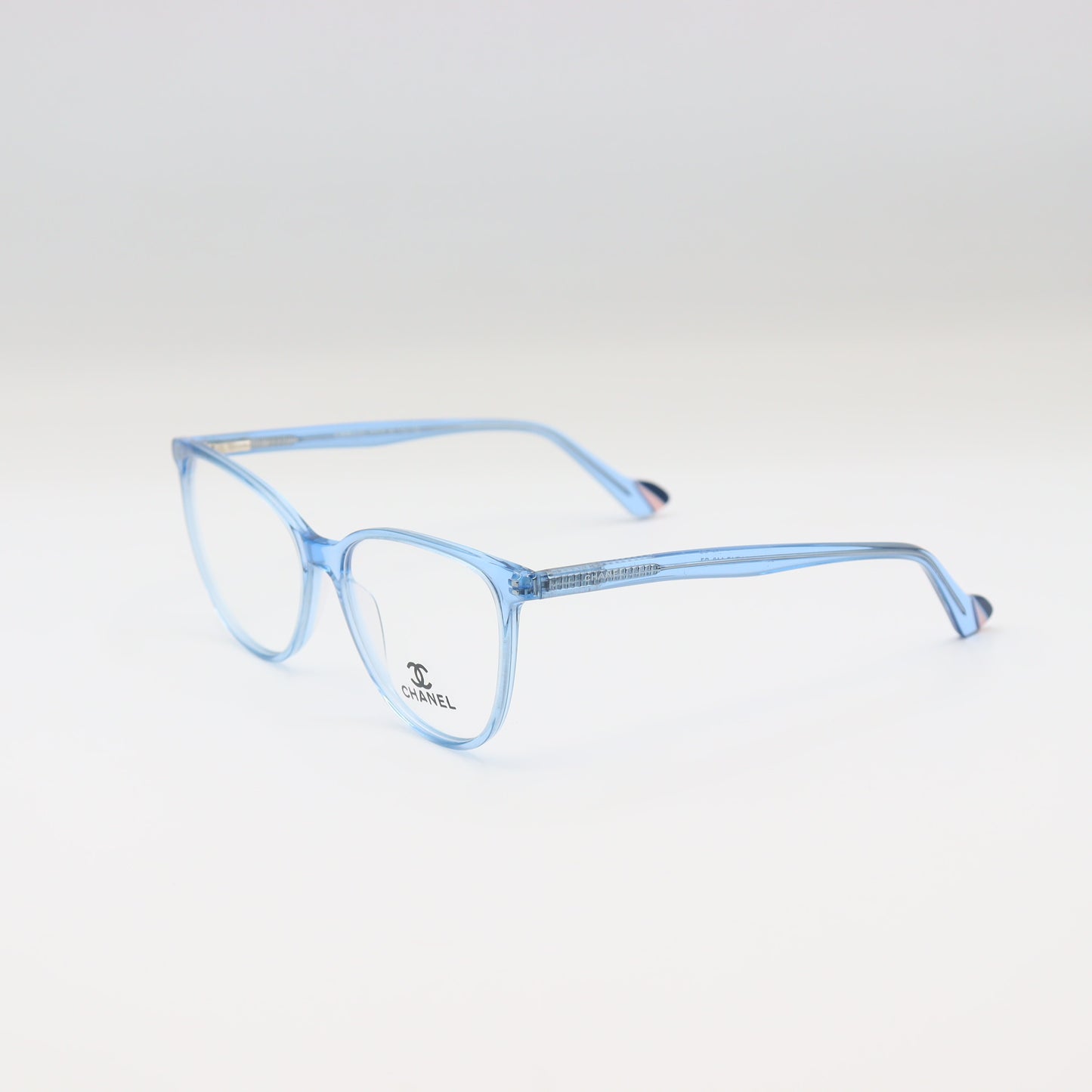 Chanel light blue cat-eye eyeglasses with transparent acetate frames, stylish and elegant for fashionable eyewear.
