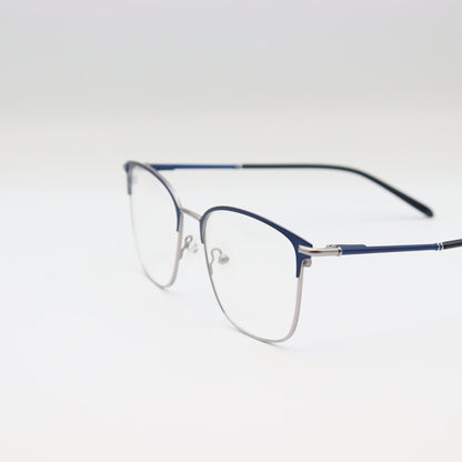 Navy blue and silver rectangular CHASHMAY KHAS® eyeglasses with two-tone design, showcasing sleek frames and stylish detail.