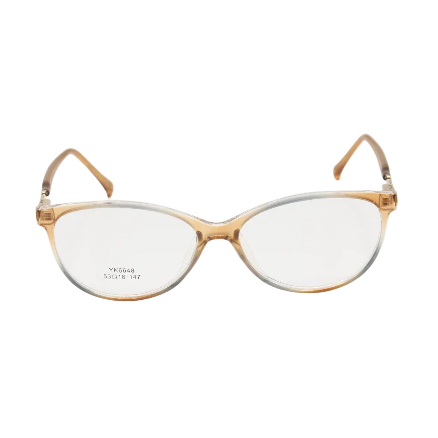 Beige cat-eye eyeglasses with translucent acetate frame by CHASHMAY KHAS, stylish spectacles with a bold, vintage-inspired design.