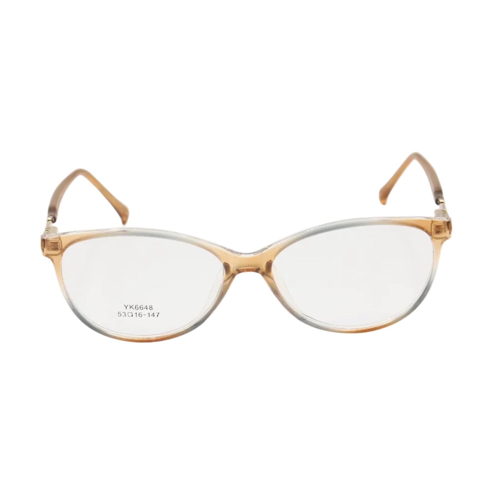 Beige cat-eye eyeglasses with translucent acetate frame by CHASHMAY KHAS, stylish spectacles with a bold, vintage-inspired design.
