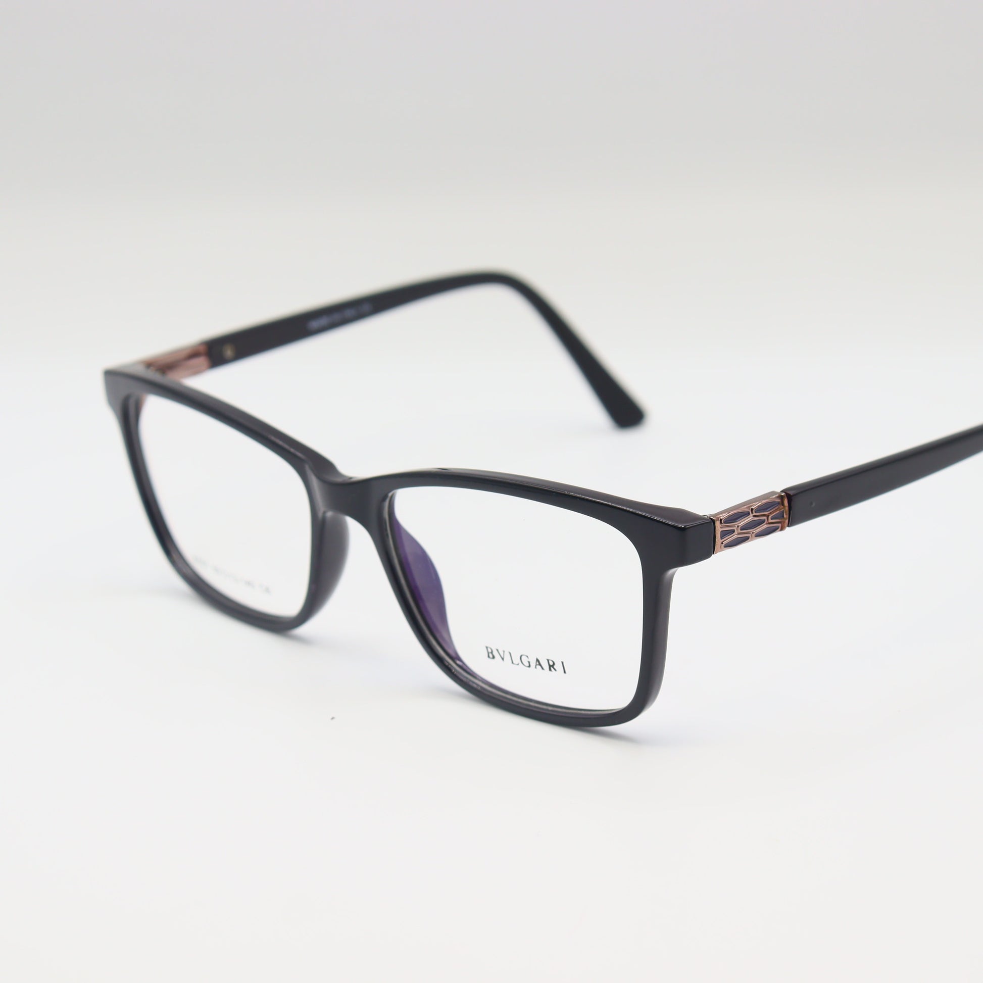 Black Bulgari square eyeglasses with luxury acetate frame, designed by CHASHMAY KHAS® for stylish spectacles.