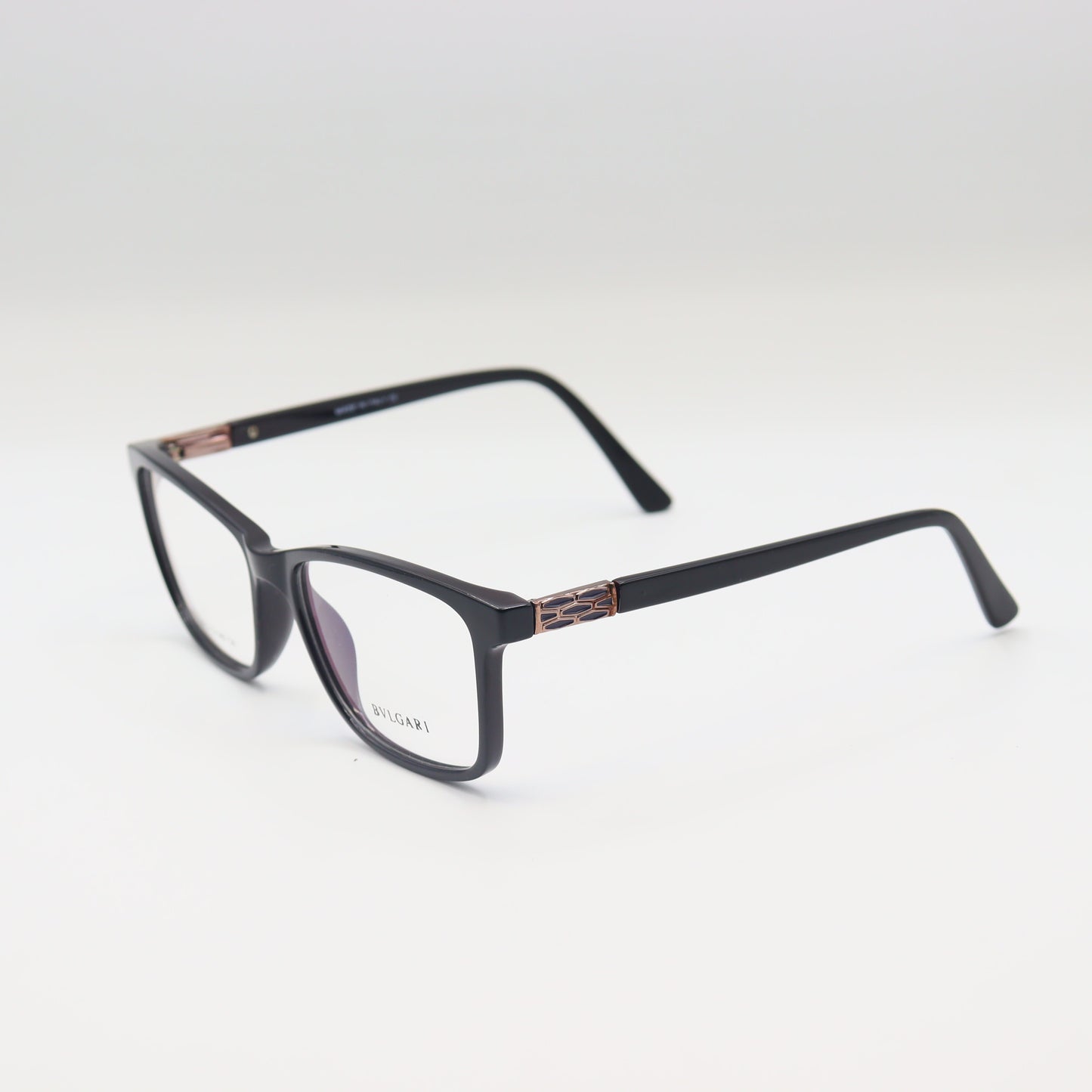 Black Bulgari square eyeglasses with luxury acetate frames, designed by CHASHMAY KHAS® for a sophisticated look.