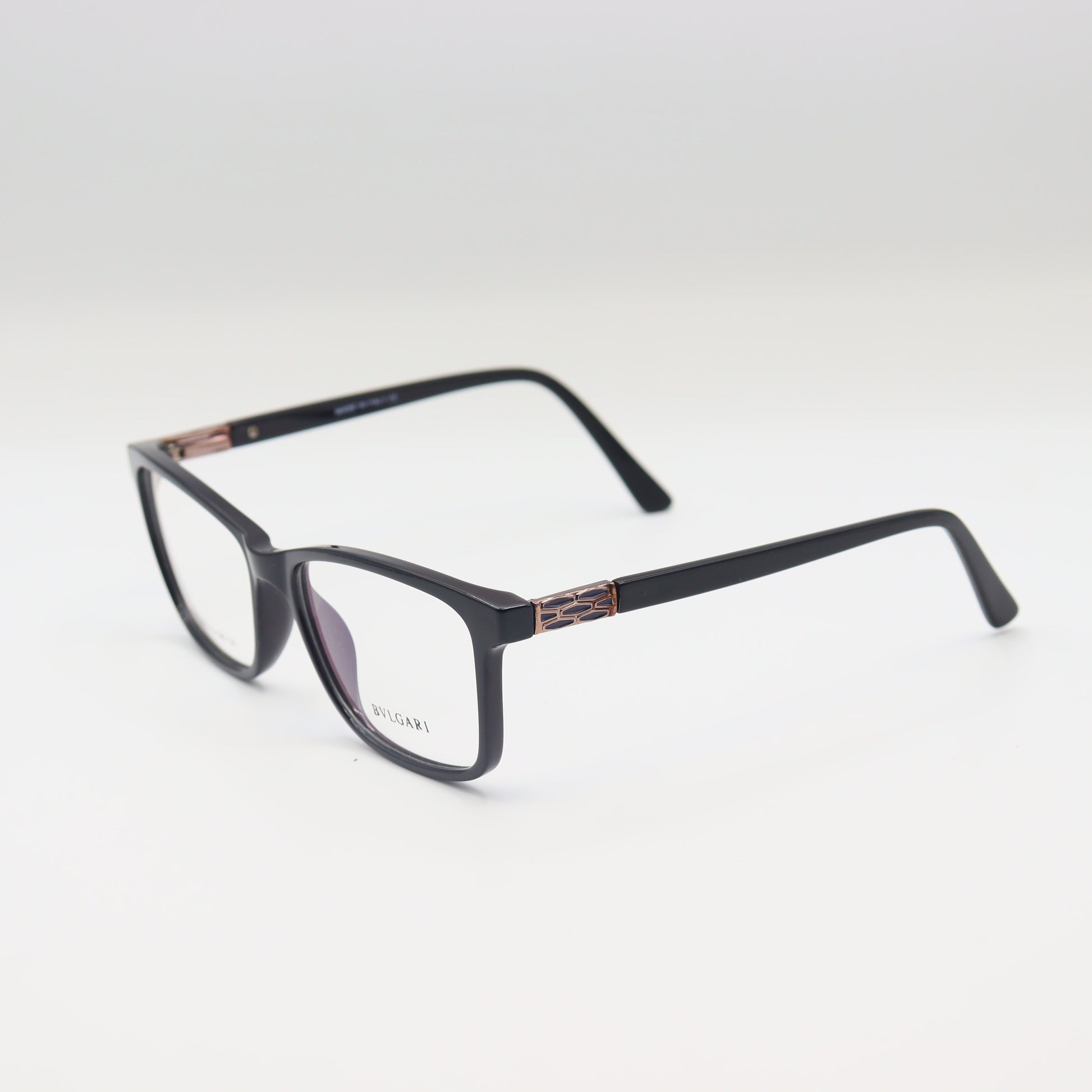 Black Bulgari square eyeglasses with luxury acetate frames, designed by CHASHMAY KHAS® for a sophisticated look.