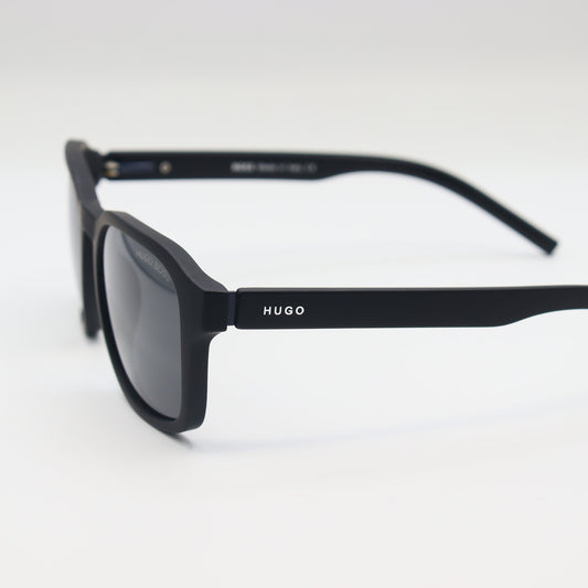 Chashmay Khas® square polarized sunglasses with HUGO BOSS branding, featuring dark tinted lenses and sleek black frames.