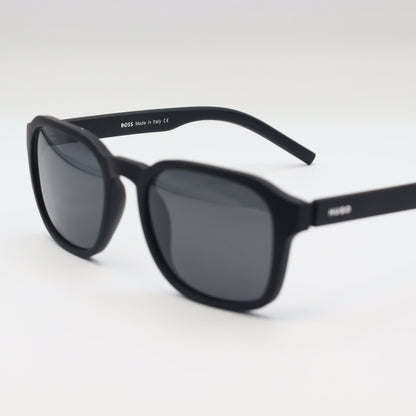 HUGO BOSS square polarized sunglasses with black frames and dark lenses, stylish and protective for outdoor wear.