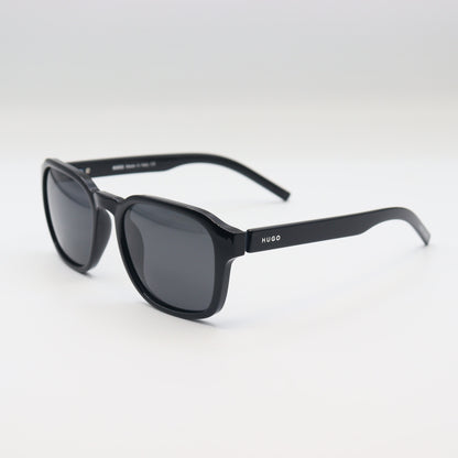 HUGO BOSS square polarized sunglasses with black frames and tinted lenses, displayed on a white background.