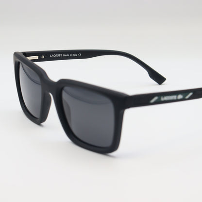 Black Lacoste square sunglasses with lightweight frame and polarized lenses, designed for stylish sun protection.