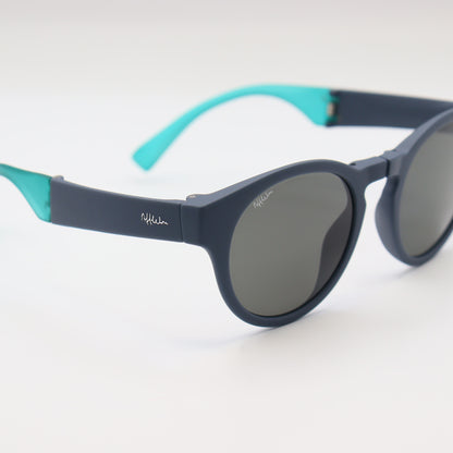 Off-White blue round sunglasses with matte navy frames and turquoise accents, stylish and trendy eyewear by CHASHMAY KHAS®.