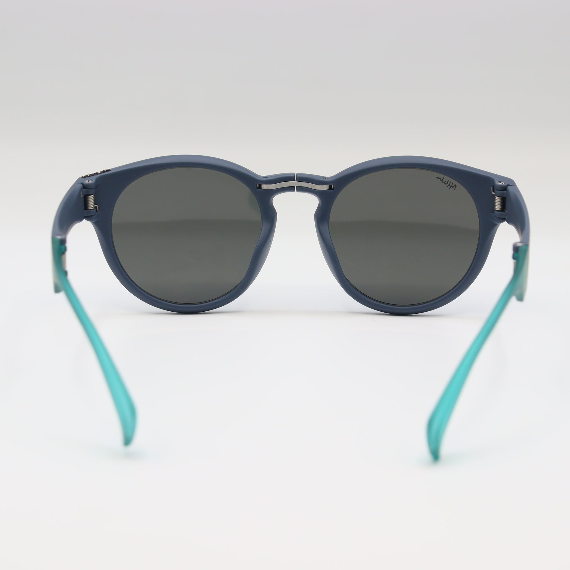 Off-White blue round sunglasses with matte navy and turquoise frames, stylish eyewear by CHASHMAY KHAS®.