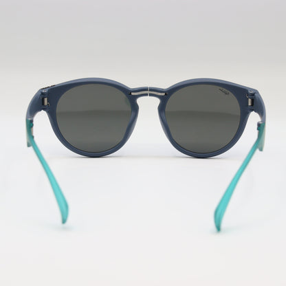 Off-White blue round sunglasses with matte navy and turquoise frames, stylish eyewear by CHASHMAY KHAS®.
