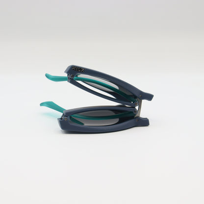 Off-White blue round sunglasses with matte navy and turquoise frames, featuring sleek design and tinted lenses.
