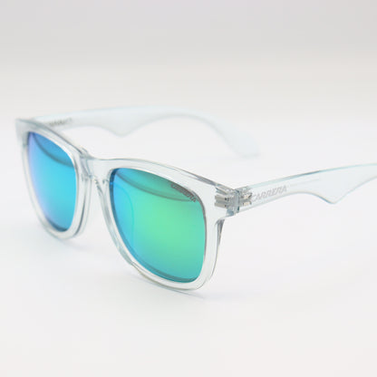 Chashmay Khas® Carrera transparent blue square sunglasses with green mirror lenses, showcasing stylish eyewear design.
