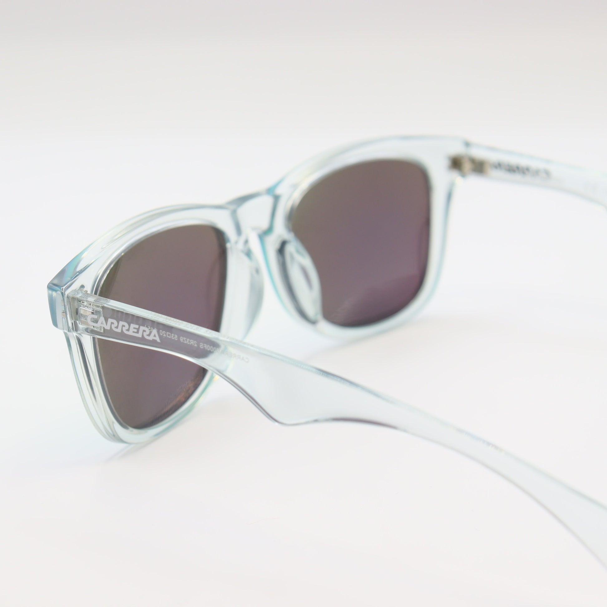 Carrera blue square sunglasses with transparent frame and green mirror lenses, stylish eyewear by CHASHMAY KHAS®.