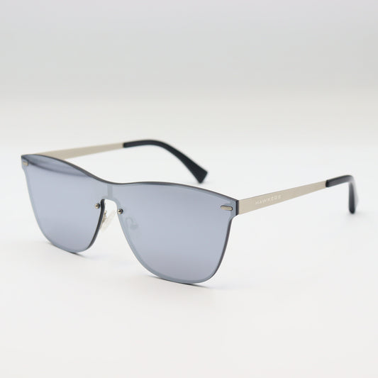Chashmay Khas® Hawkers silver and black shield sunglasses with modern aviator style, featuring sleek metal frames and dark tinted lenses.