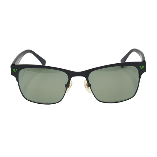 Black rectangular CHASHMAY KHAS® sunglasses with green logo detail and classic retro style.